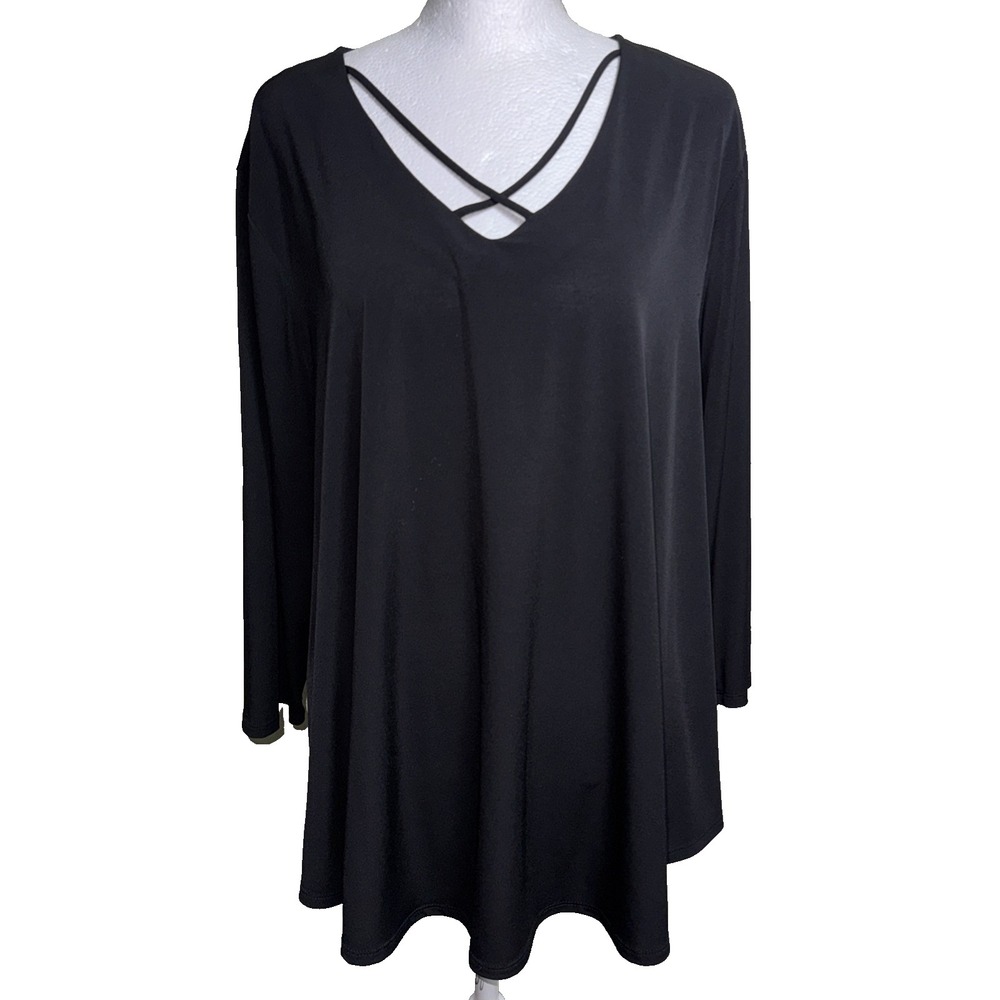 Chico's Black Tunic Top Sz 3 XL Criss Cross Strappy V-Neck Flowy Goth Minimalist